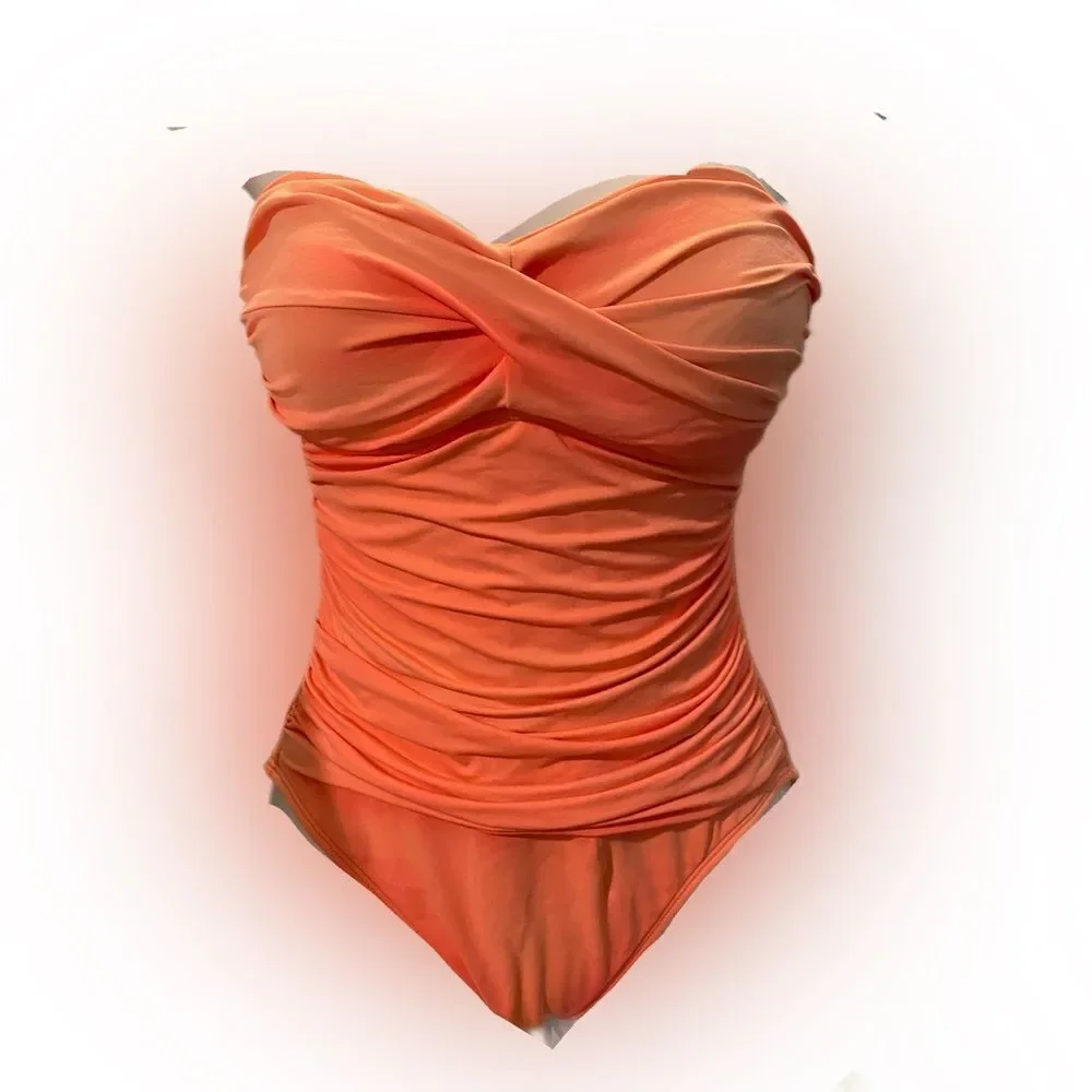La Blanca Ruched Swimsuit-6 coral orange , nylon spandex , figure flatte…